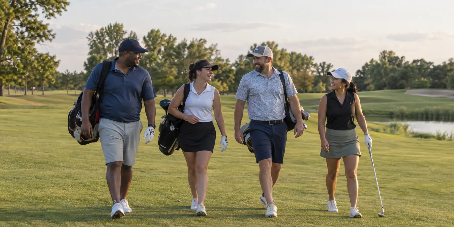 Four recreational golfers walking together on a fairway